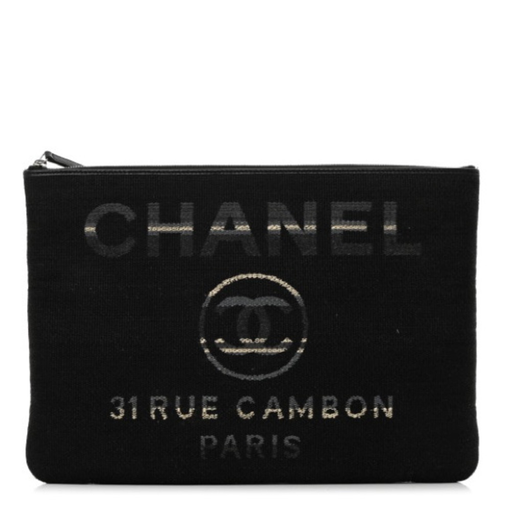 Chanel Striped Canvas Large Deauville Pouch Clutch Black